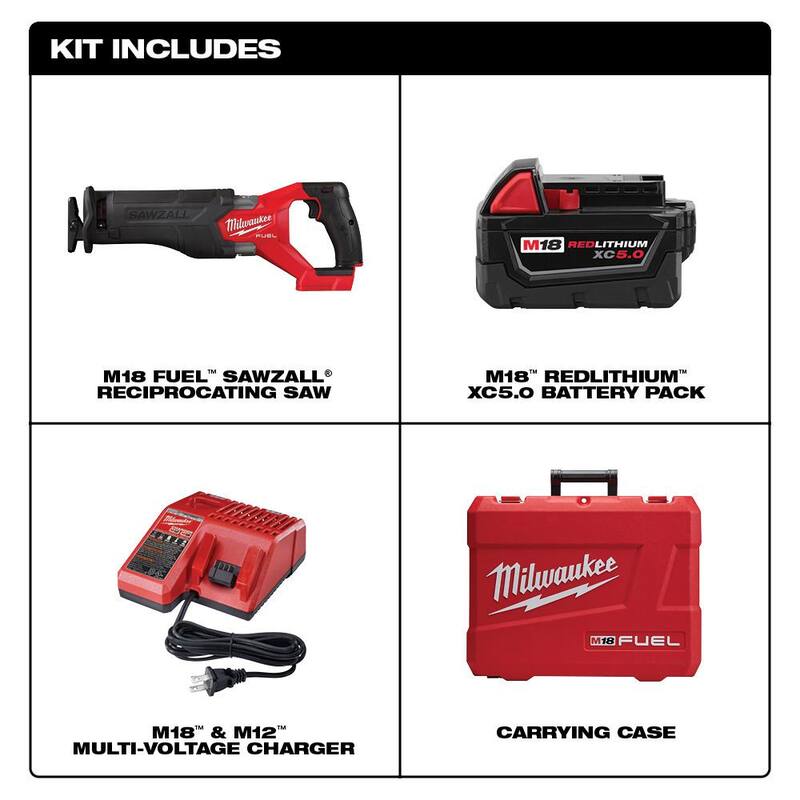 Milwaukee M18 FUEL 18V Sierra recíproca inalámbrica sin escobillas de iones de litio SAWZALL Kit de sierra de vaivén con una batería de 5.0 Ah, cargador y estuche - 2821-21.
