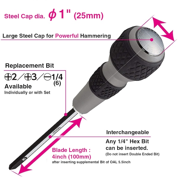 Vessel BALL GRIP 1/4" Hex. Bit Intrchngbl Tang- - 230W3