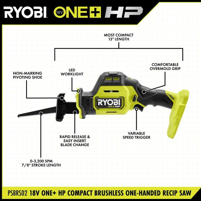 RYOBI ONE+ HP 18V Sierra alternativa compacta inalámbrica de una mano sin escobillas (Herramienta solamente) - PSBRS02B