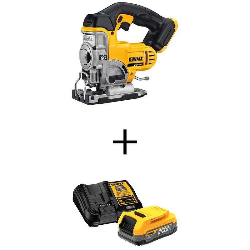 Sierras de calar inalámbricas DEWALT 20V MAX de ion de litio con paquete de inicio de batería compacta 20V MAX POWERSTACK - DCS331BWCBP034C