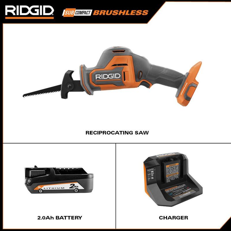 Sierra de sable recíproca de una mano inalámbrica sin escobillas RIDGID 18V SubCompact Kit con batería de 2.0 Ah y cargador - R8648KN.