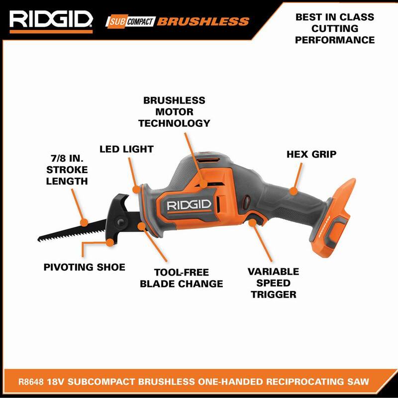 Sierra de sable recíproca de una mano inalámbrica sin escobillas RIDGID 18V SubCompact Kit con batería de 2.0 Ah y cargador - R8648KN.