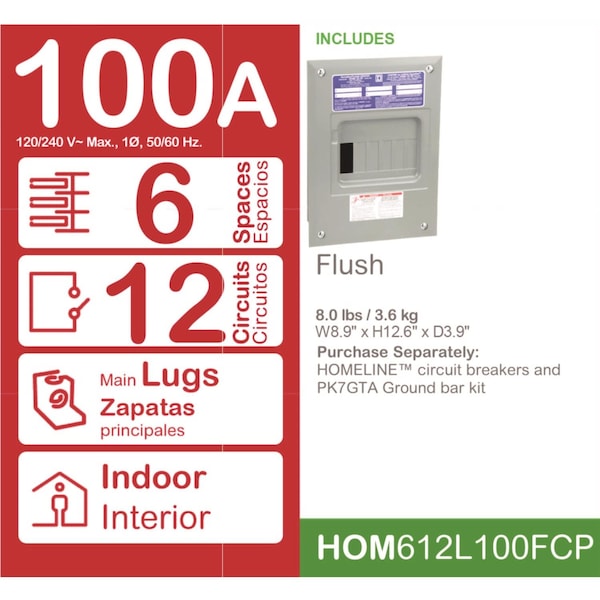 Square D Load Center, 6 Spaces, 100A, 120/240V AC, 1 Phase - HOM612L100FCP
