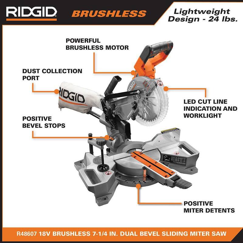 Sierra ingleteadora deslizante inalámbrica sin escobillas RIDGID de 18V de 7-1/4 pulgadas con bisel dual (Herramienta solamente) - R48607B
