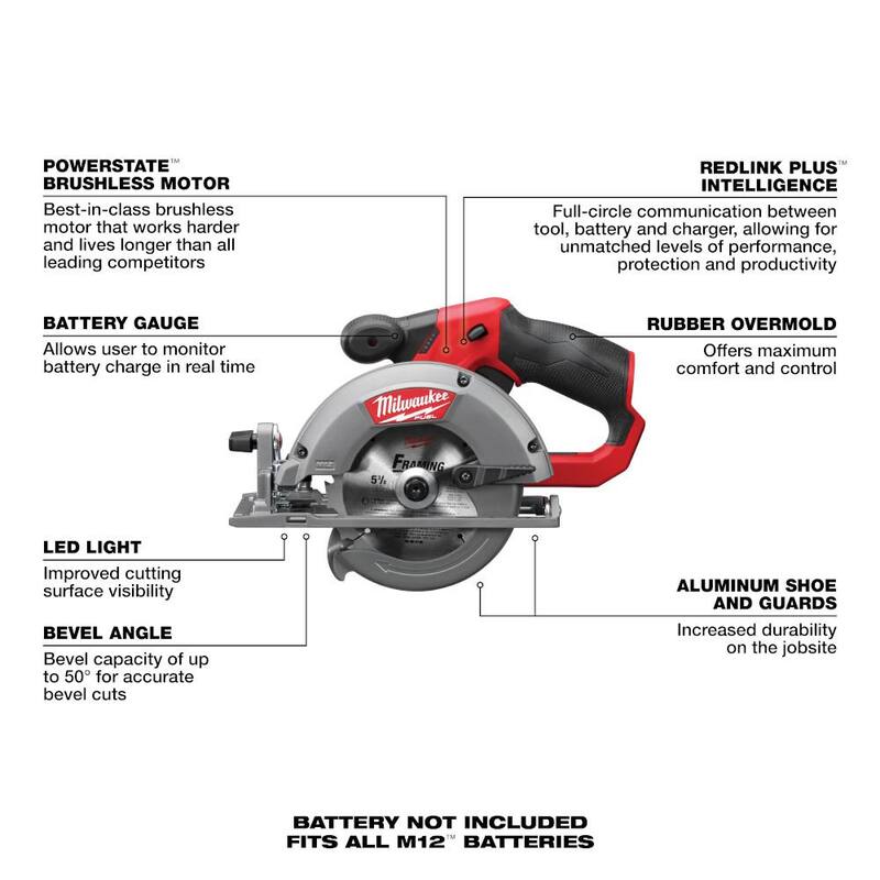 Sierra circular inalámbrica Milwaukee M12 FUEL 12V de Litio-Ion sin escobillas de 5-3/8 pulgadas (Herramienta solamente) - 2530-20