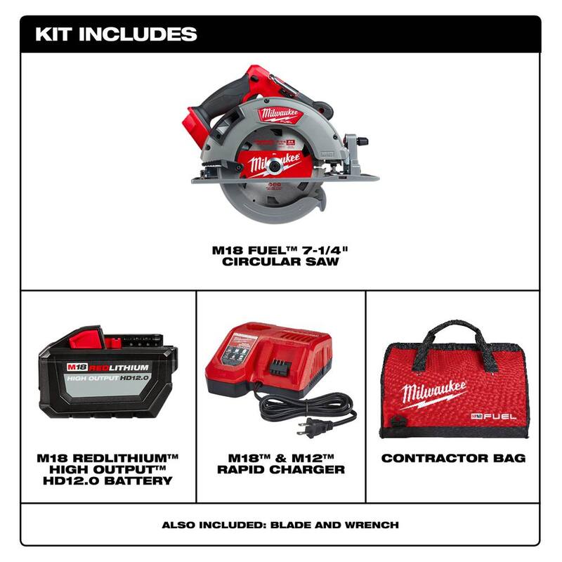 Sierra circular inalámbrica Milwaukee M18 FUEL 18V de ion de litio sin escobillas de 7-1/4 pulg. con un juego de batería de 12.0Ah, cargador, y bolsa de herramientas - 2732-21HD