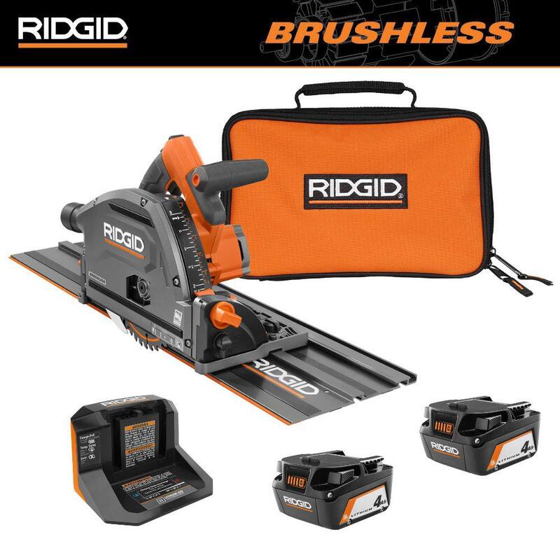 RIDGID 18V (2) Baterías de 4.0 Ah y Kit de Cargador con Sierra de Riel Inalámbrica Brushless de 6-1/2 pulgadas - AC93044SBN-R48630B