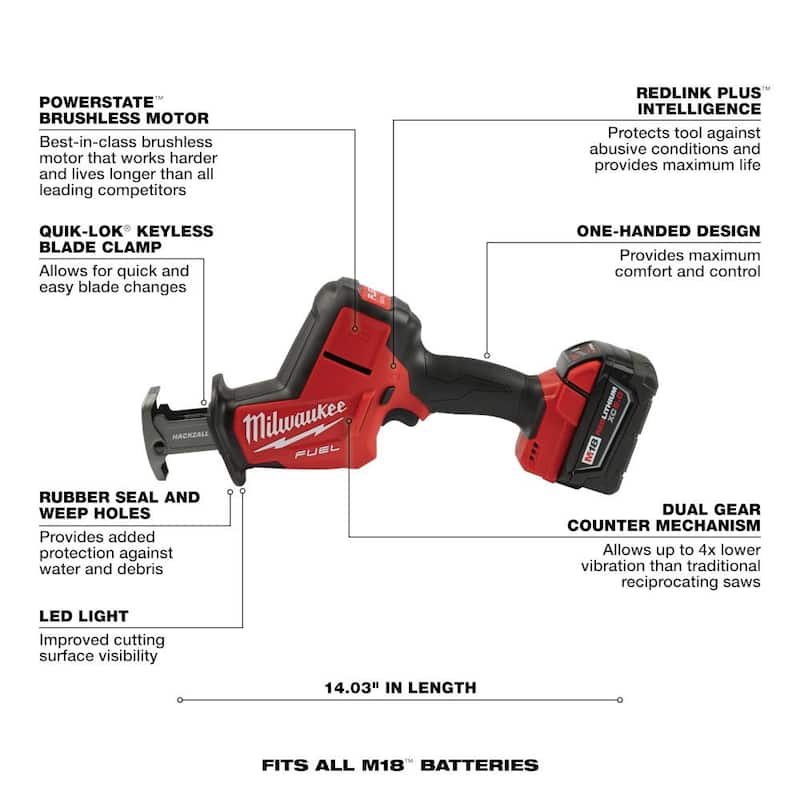 Sierra recíproca inalámbrica Milwaukee M18 FUEL 18V de ion de litio sin escobillas HACKZALL Kit con dientes de carburo AX SAWZALL Blade - 2719-21-48-00-5226