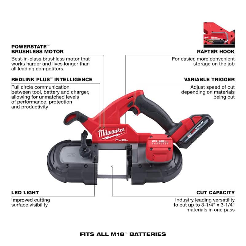 Sierra de cinta compacta Milwaukee M18 FUEL de 18V con motor sin escobillas de iones de litio inalámbrica con dos baterías de alto rendimiento de 3.0 Ah - 2829-22