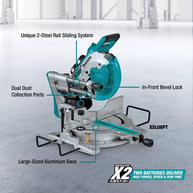 Sierra ingletadora deslizante compuesta doble bisel sin escobillas inalámbrica de 10 pulgadas con láser, kit de ion de litio LXT de 36V de 18V 5.0Ah X2 de Makita - XSL06PT.