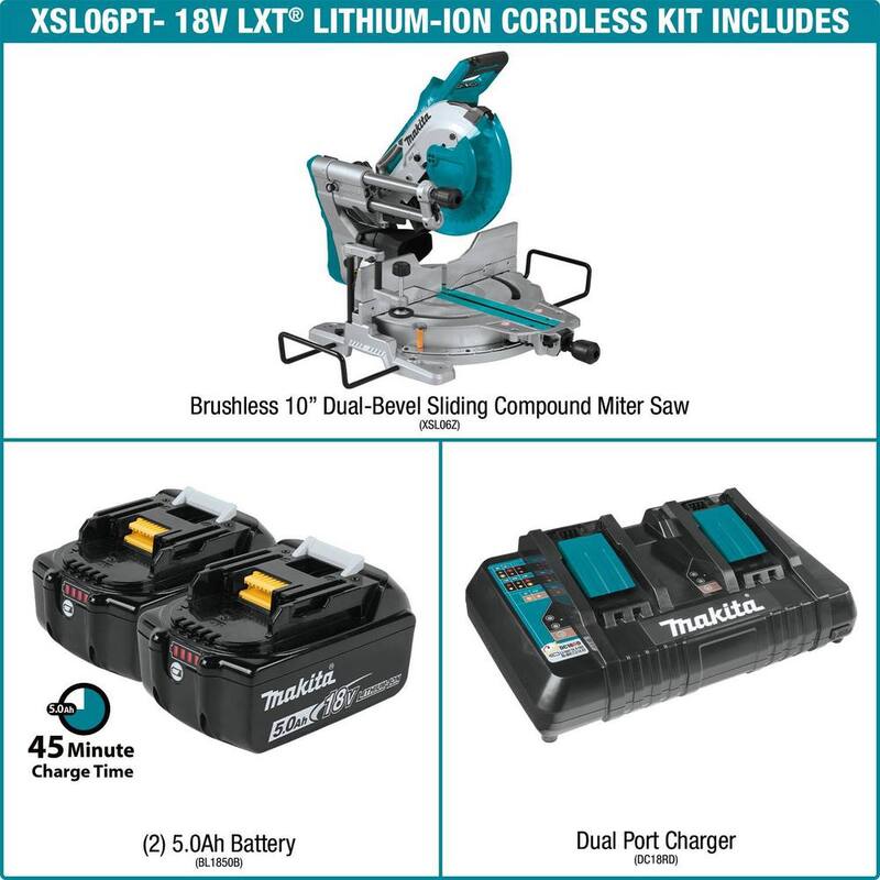 Sierra ingletadora deslizante compuesta doble bisel sin escobillas inalámbrica de 10 pulgadas con láser, kit de ion de litio LXT de 36V de 18V 5.0Ah X2 de Makita - XSL06PT.