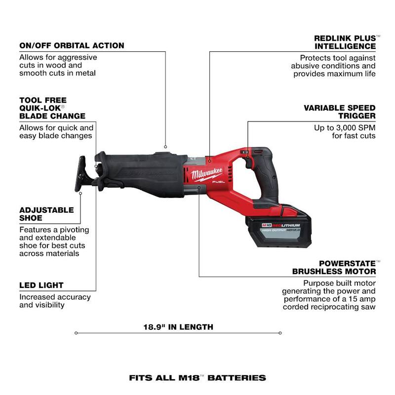 Milwaukee M18 FUEL 18V Sierra Recíproca Inalámbrica Super SAWZALL orbital de iones de litio sin escobillas con kit de sierra recíproca y (1) batería de 12.0 Ah - 2722-21HD