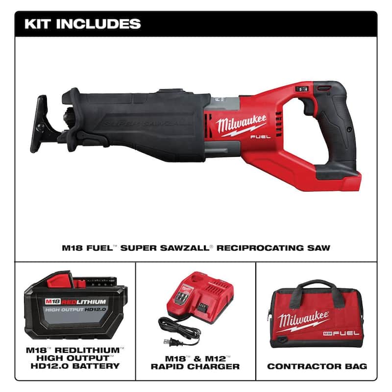 Milwaukee M18 FUEL 18V Sierra Recíproca Inalámbrica Super SAWZALL orbital de iones de litio sin escobillas con kit de sierra recíproca y (1) batería de 12.0 Ah - 2722-21HD