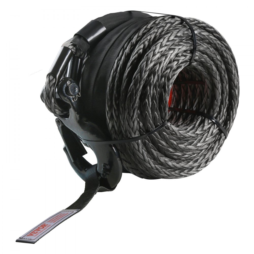 VEVOR Synthetic Winch Rope, 3/8 Inch x 100 Feet 26,500 lbs Synthetic Winch Line Cable Rope with Protective Sleeve + Forged Winch Hook + Pull Strap, Universal Fit for SUV, Large Off-Road Vehicle, Truck - HCJPSJYX38IN93VS7V0