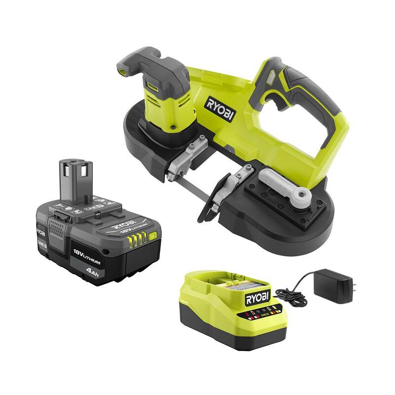 RYOBI ONE+ 18V Sierra de cinta compacta inalámbrica de 2-1/2 pulgadas con (1) batería de iones de litio de 4.0 Ah y cargador de 18V - P590K1