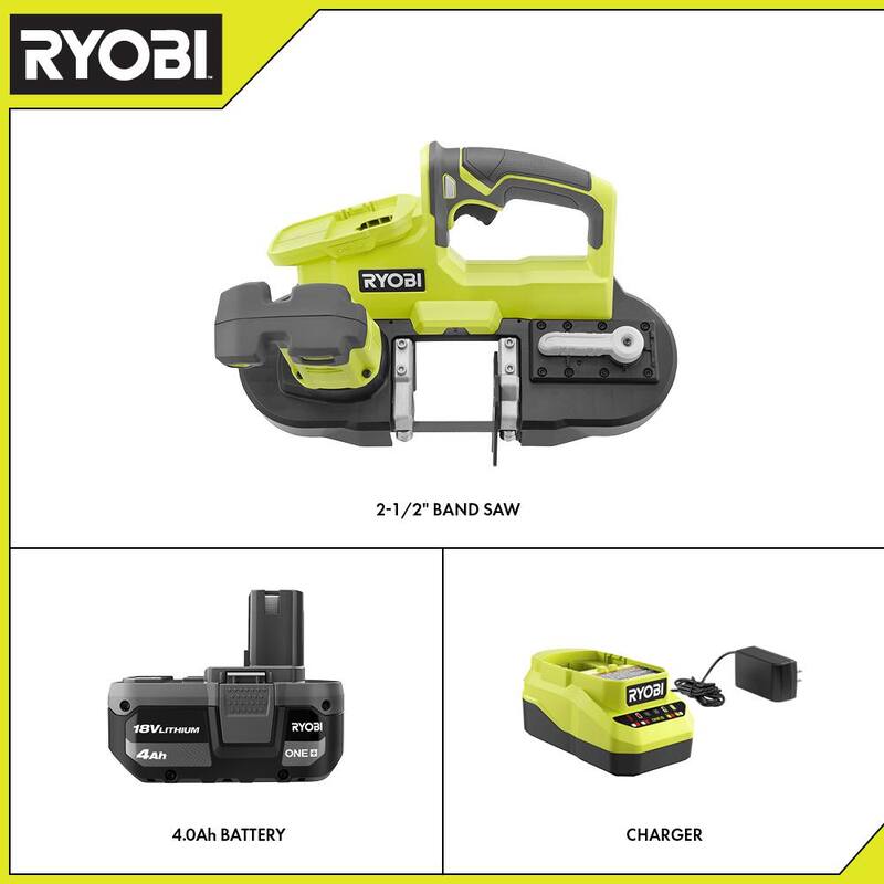 RYOBI ONE+ 18V Sierra de cinta compacta inalámbrica de 2-1/2 pulgadas con (1) batería de iones de litio de 4.0 Ah y cargador de 18V - P590K1