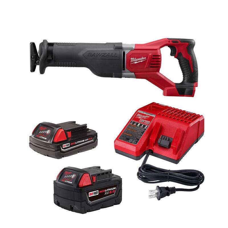 Sierra reciprocante inalámbrica Milwaukee M18 18V de ion de litio SAWZALL con (1) batería de 5.0 Ah y (1) batería de 2.0 Ah y cargador - 2621-20-48-59-1852.