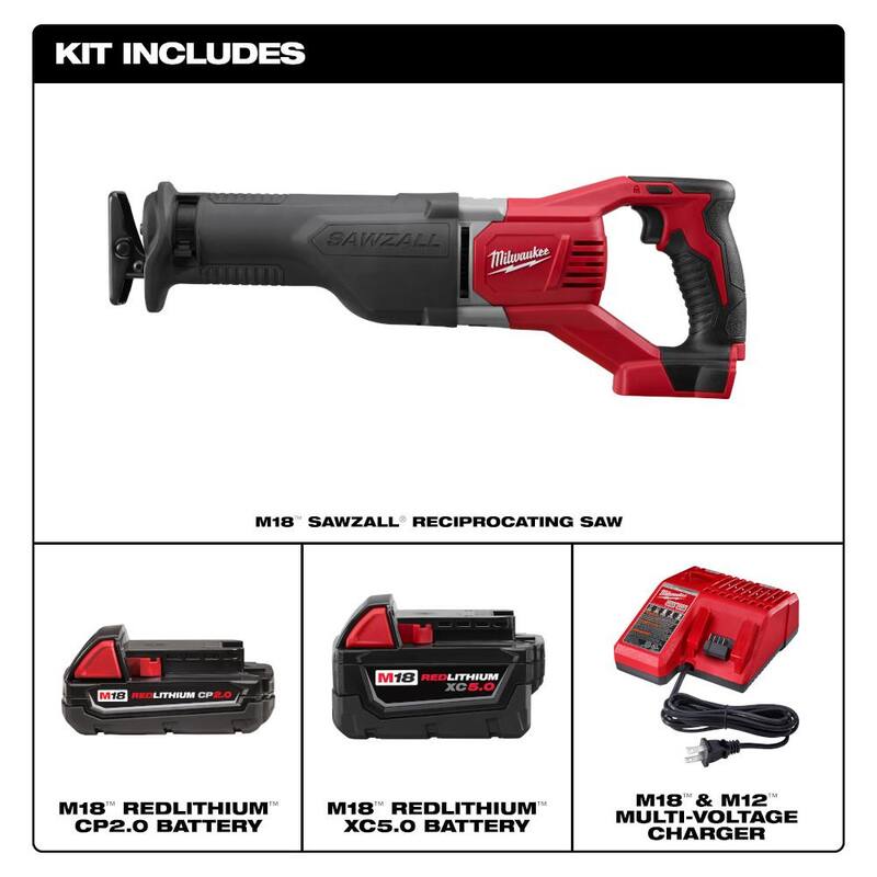 Sierra reciprocante inalámbrica Milwaukee M18 18V de ion de litio SAWZALL con (1) batería de 5.0 Ah y (1) batería de 2.0 Ah y cargador - 2621-20-48-59-1852.