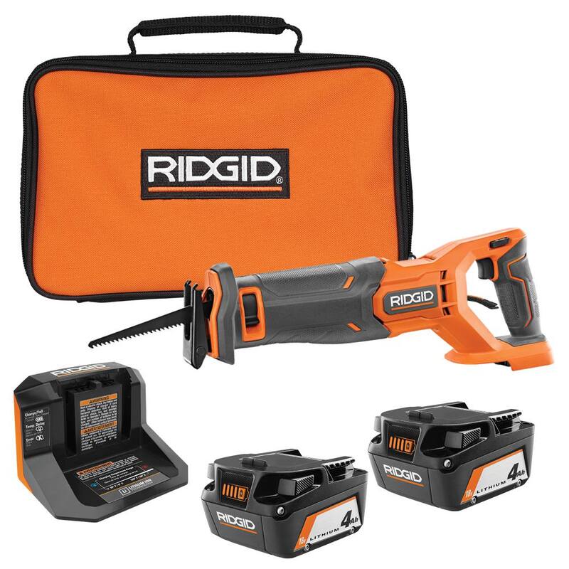 Sierra reciproca inalámbrica RIDGID de 18V con (2) baterías de 4.0 Ah, cargador de 18V y bolsa - R8646B-AC93044SBN