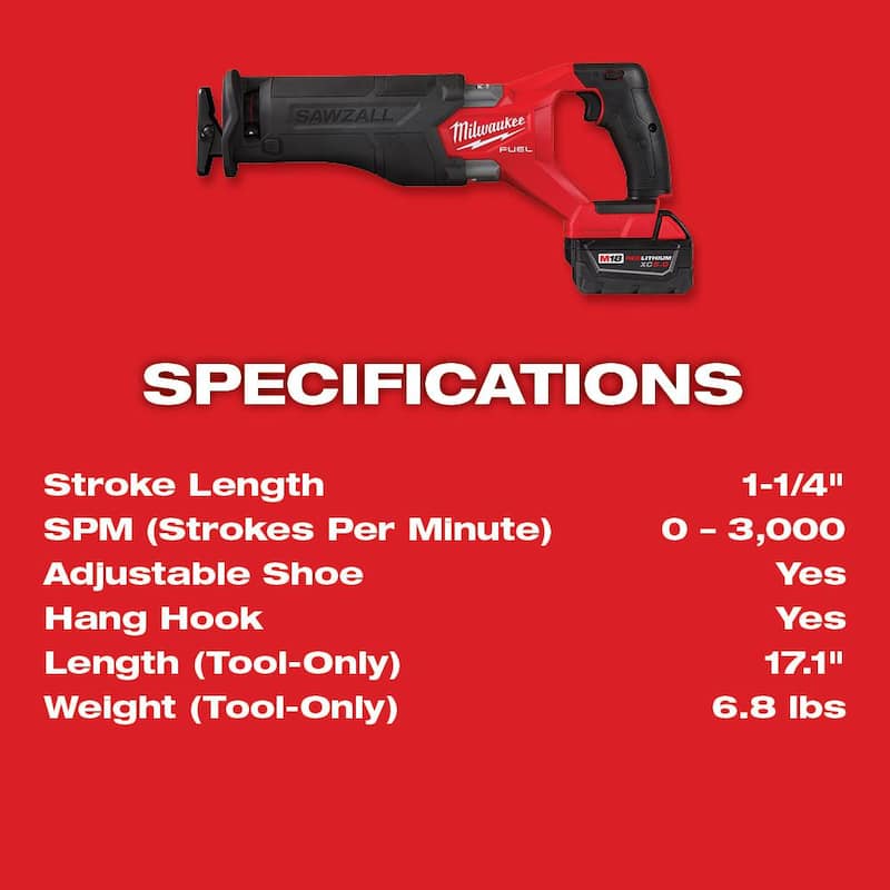 Sierra sable recíproca inalámbrica Milwaukee M18 FUEL 18V de iones de litio sin escobillas con kit de sierra sable recíproca con dos baterías de 5.0 Ah, cargador y estuche rígido - 2821-22