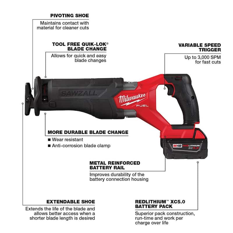 Sierra sable recíproca inalámbrica Milwaukee M18 FUEL 18V de iones de litio sin escobillas con kit de sierra sable recíproca con dos baterías de 5.0 Ah, cargador y estuche rígido - 2821-22