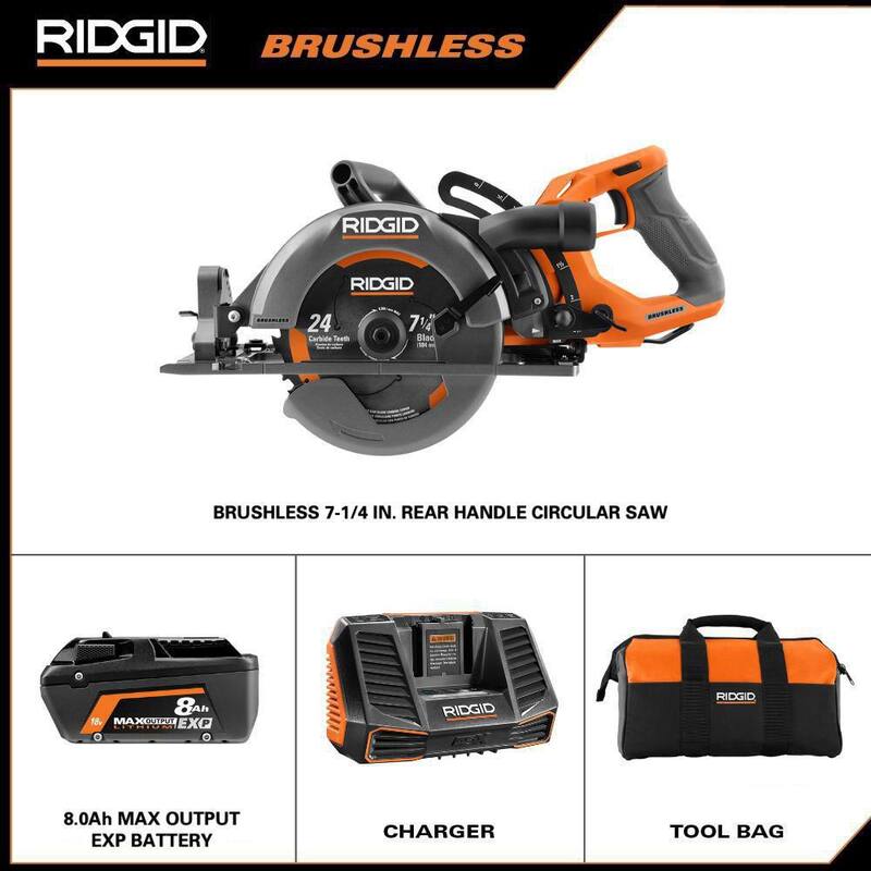 Sierra circular inalámbrica RIDGID 18V Brushless de 7-1/4 pulgadas con mango trasero, kit con batería de salida máxima de 8.0 Ah, cargador de 18V y bolsa - R8658K