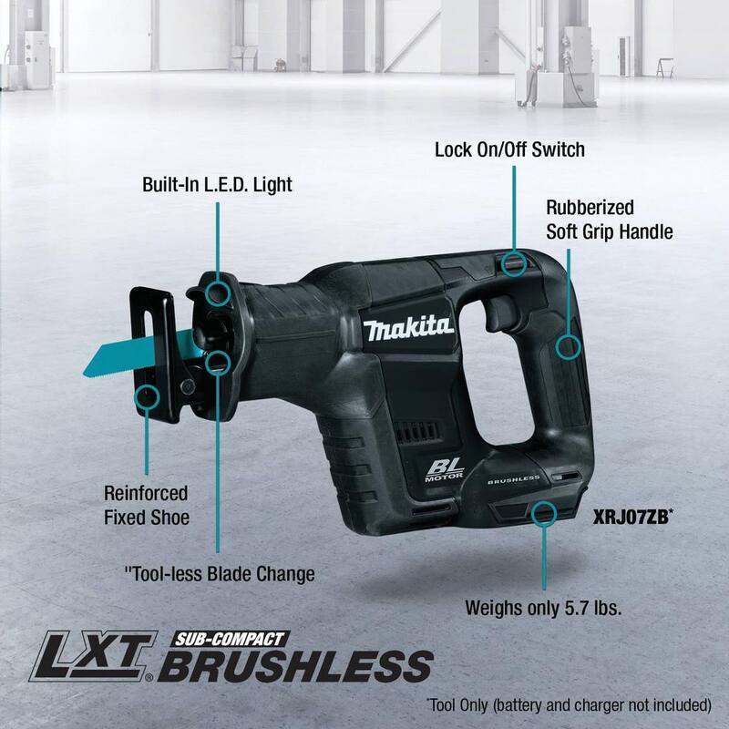 Sierra recíproca inalámbrica sin escobillas de ion de litio subcompacta de velocidad variable Makita 18V LXT (herramienta solamente) - XRJ07ZB