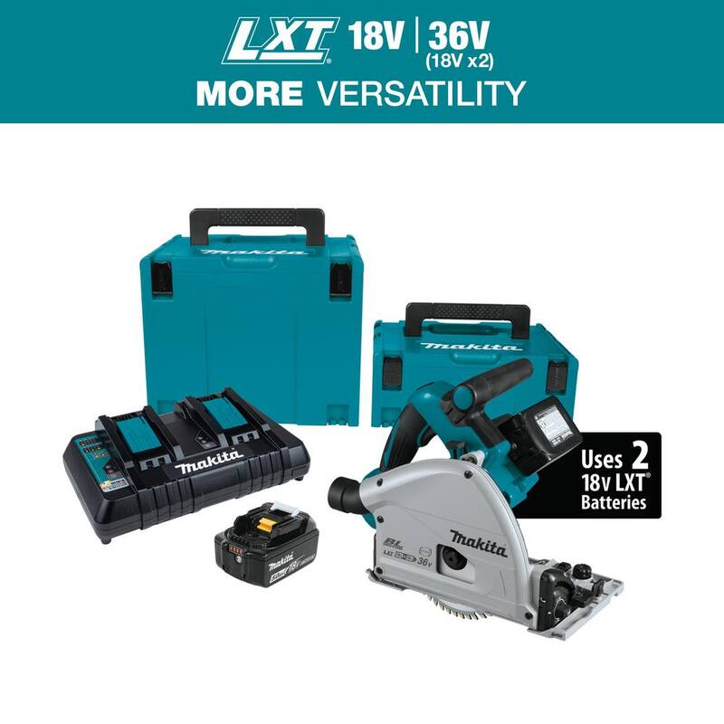 Sierra circular Makita 18V X2 LXT de iones de litio sin escobillas (36V) de 6-1/2 pulgadas con inmersión y baterías 5.0Ah, hoja de 55T - XPS01PTJ