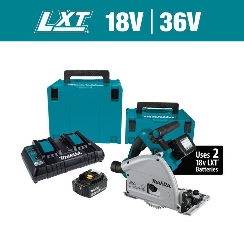 Sierra circular Makita 18V X2 LXT de iones de litio sin escobillas (36V) de 6-1/2 pulgadas con inmersión y baterías 5.0Ah, hoja de 55T - XPS01PTJ
