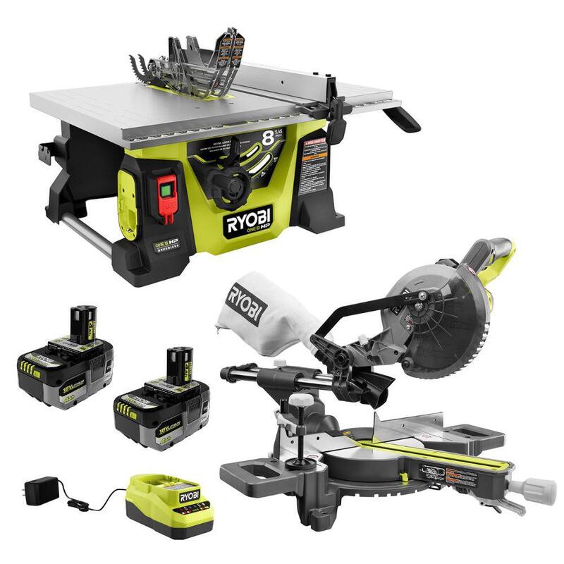 RYOBI ONE+ HP 18V Sierra de mesa portátil compacta inalámbrica sin escobillas de 8-1/4 pulgadas y sierra ingleteadora en kit con (2) baterías y cargador - PBLTS01K-PBT01B