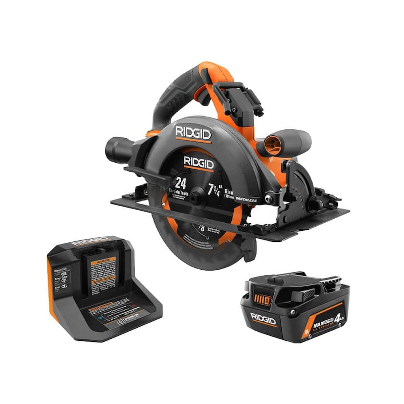 Sierra circular inalámbrica RIDGID 18V Brushless de 7-1/4 pulgadas con batería de salida máxima MAX de 4.0 Ah y cargador - R8657KN.