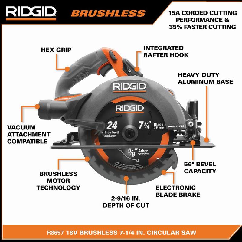 Sierra circular inalámbrica RIDGID 18V Brushless de 7-1/4 pulgadas con batería de salida máxima MAX de 4.0 Ah y cargador - R8657KN.