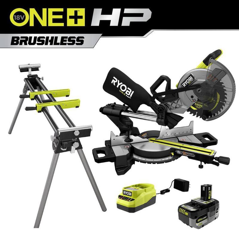 Sierra ingleteadora compuesta deslizante inalámbrica sin escobillas RYOBI ONE+ HP 18V de 10 pulgadas con batería de 4.0 Ah, cargador y soporte para sierra ingleteadora - PBLMS01K-A18MS01G.