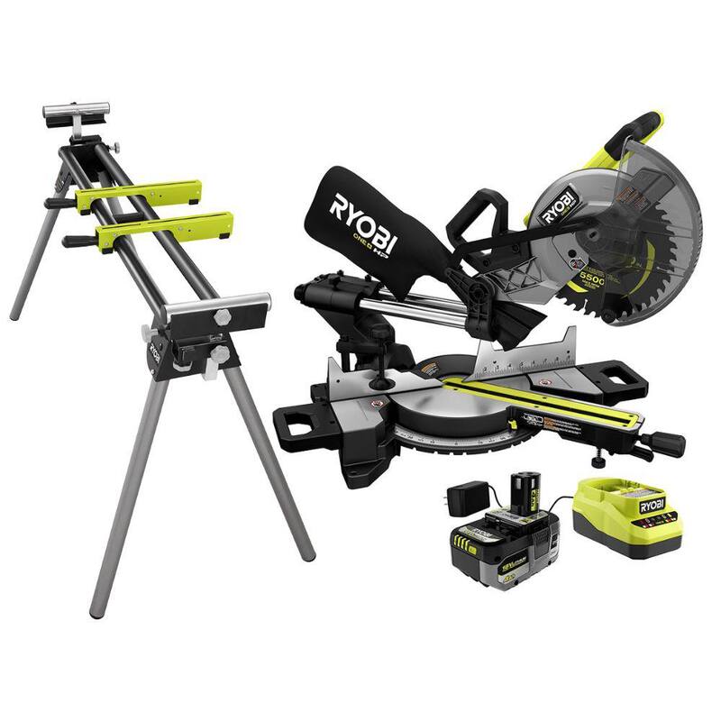 Sierra ingleteadora compuesta deslizante inalámbrica sin escobillas RYOBI ONE+ HP 18V de 10 pulgadas con batería de 4.0 Ah, cargador y soporte para sierra ingleteadora - PBLMS01K-A18MS01G.