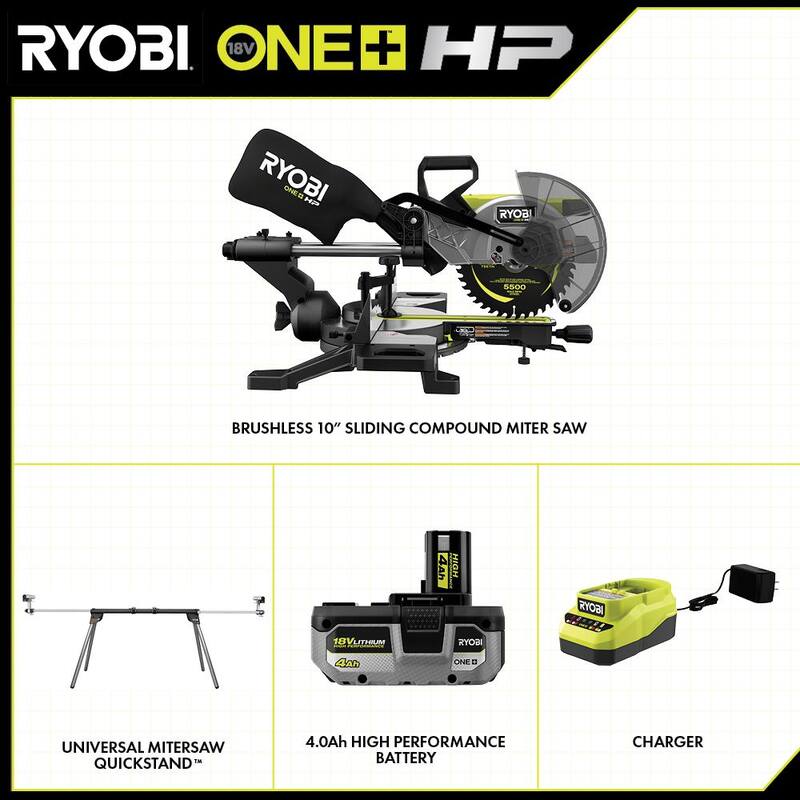 Sierra ingleteadora compuesta deslizante inalámbrica sin escobillas RYOBI ONE+ HP 18V de 10 pulgadas con batería de 4.0 Ah, cargador y soporte para sierra ingleteadora - PBLMS01K-A18MS01G.