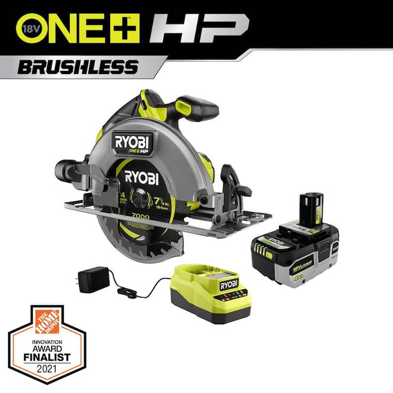 RYOBI ONE+ HP 18V Sierra Circular Inalámbrica de 7-1/4 pulgadas con Motor sin Escobillas Kit con Batería de Alto Rendimiento de 4.0 Ah y Cargador - PBLCS300K1