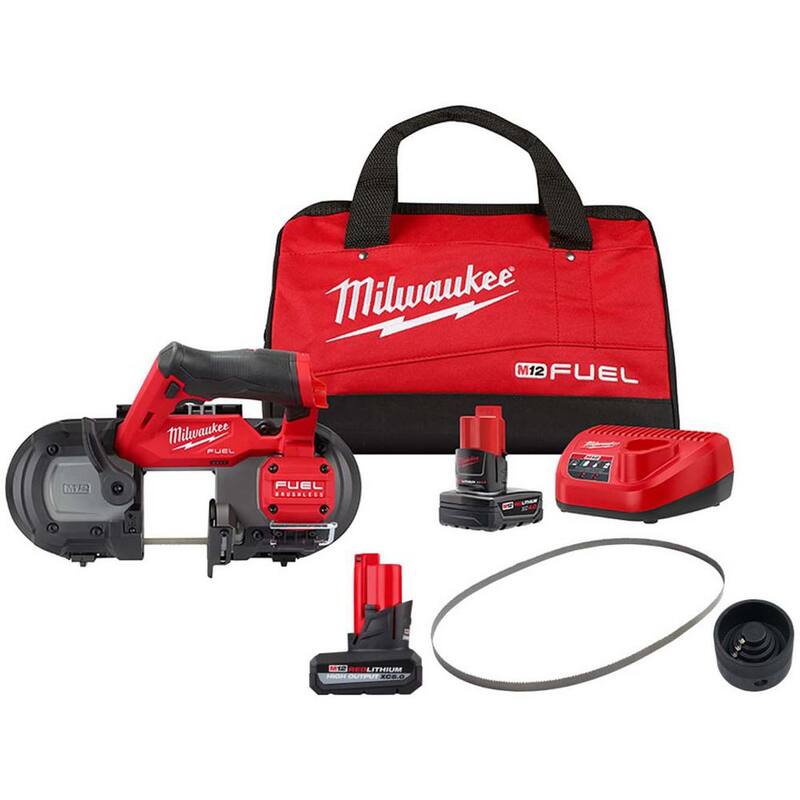 Sierra de banda compacta Milwaukee M12 FUEL de 12 voltios con baterías de iones de litio sin cable XC Kit con (2) baterías, cargador, escariador, 3 hojas y bolsa - 2529-21XC-48-11-2450-48-39-0631-49902029.