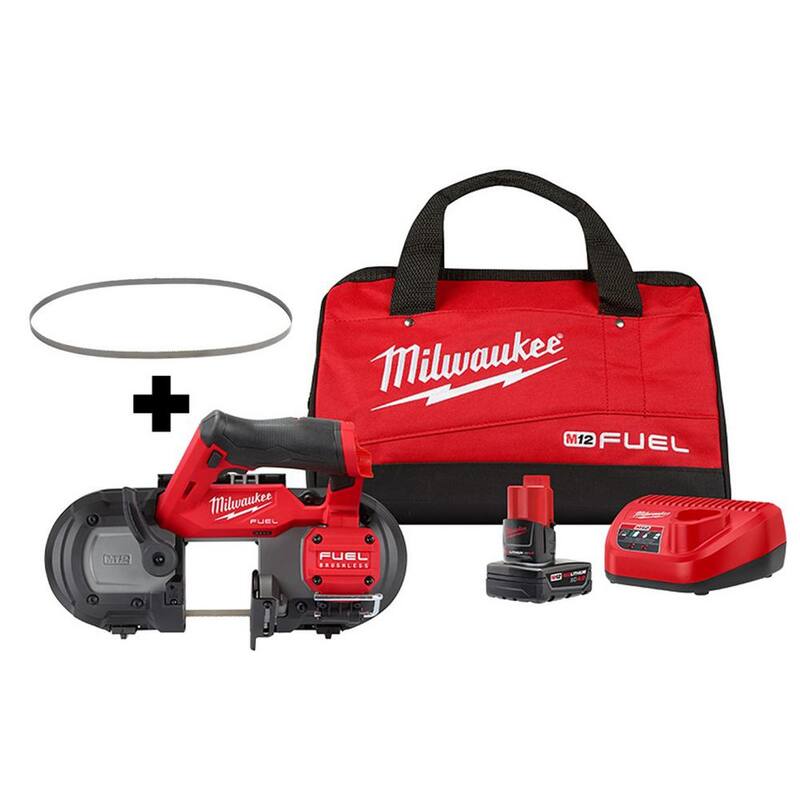 Milwaukee M12 FUEL 12V Sierra de cinta compacta inalámbrica de iones de litio XC con kit de (4) hojas de sierra de cinta - 2529-21XC-48-39-0631