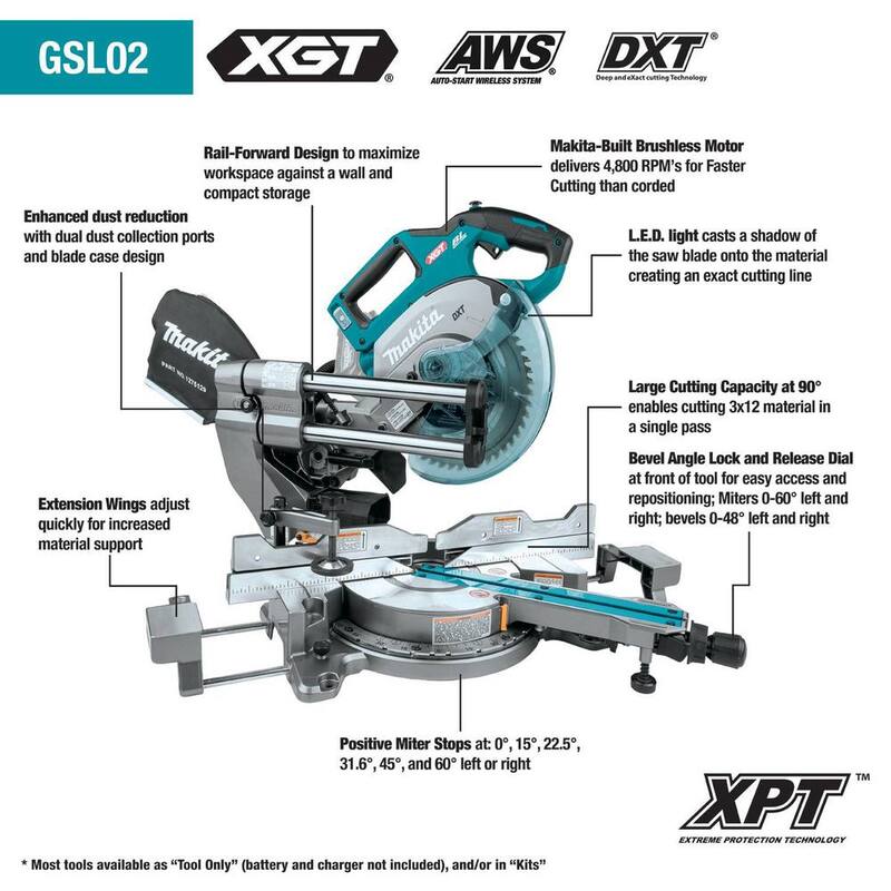 Sierra de inglete compuesta deslizante de bisel dual inalámbrica sin escobillas Makita 40V max XGT de 8-1/2 pulgadas, kit capaz de AWS (4.0Ah) - GSL02M1