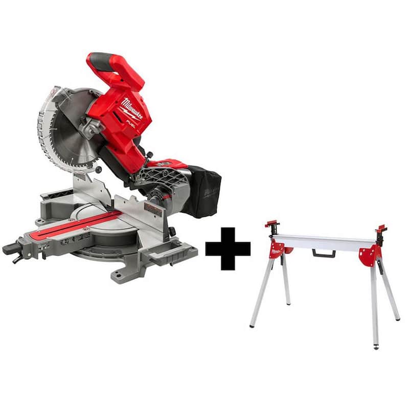 Sierra ingleteadora compuesta deslizante de bisel doble inalámbrica de 10 pulgadas Milwaukee M18 FUEL 18V de iones de litio sin escobillas con soporte (herramienta solamente) - 2734-20-48-08-0551.