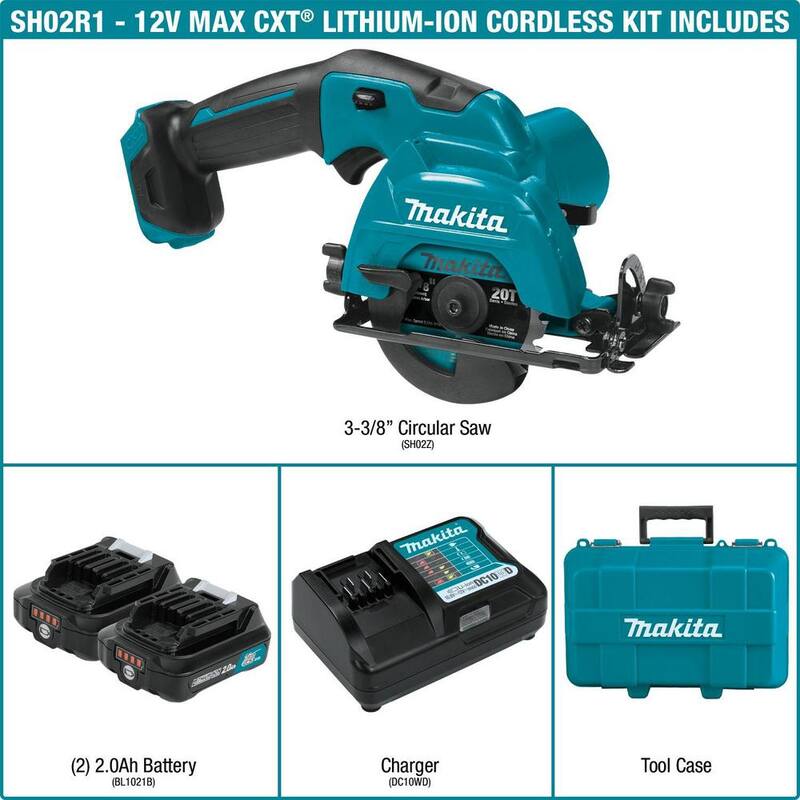 Sierra circular inalámbrica Makita 12V max CXT de 3-3/8 pulgadas con batería de iones de litio, kit y estuche (2.0Ah) - SH02R1