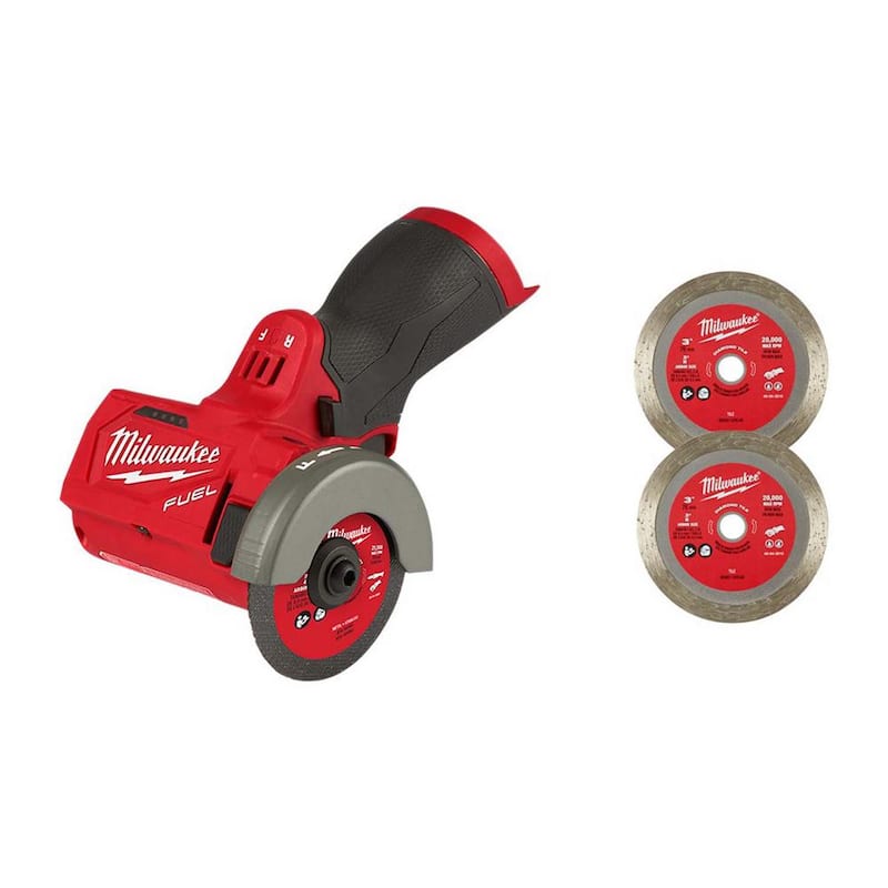 Sierra de corte inalámbrica sin escobillas de 3 pulgadas Milwaukee M12 FUEL 12V con batería de iones de litio (herramienta solamente) con 2 discos de corte de diamante de 3 pulgadas (paquete de 2) - 2522-20-49-94-3010-49-94-3010.