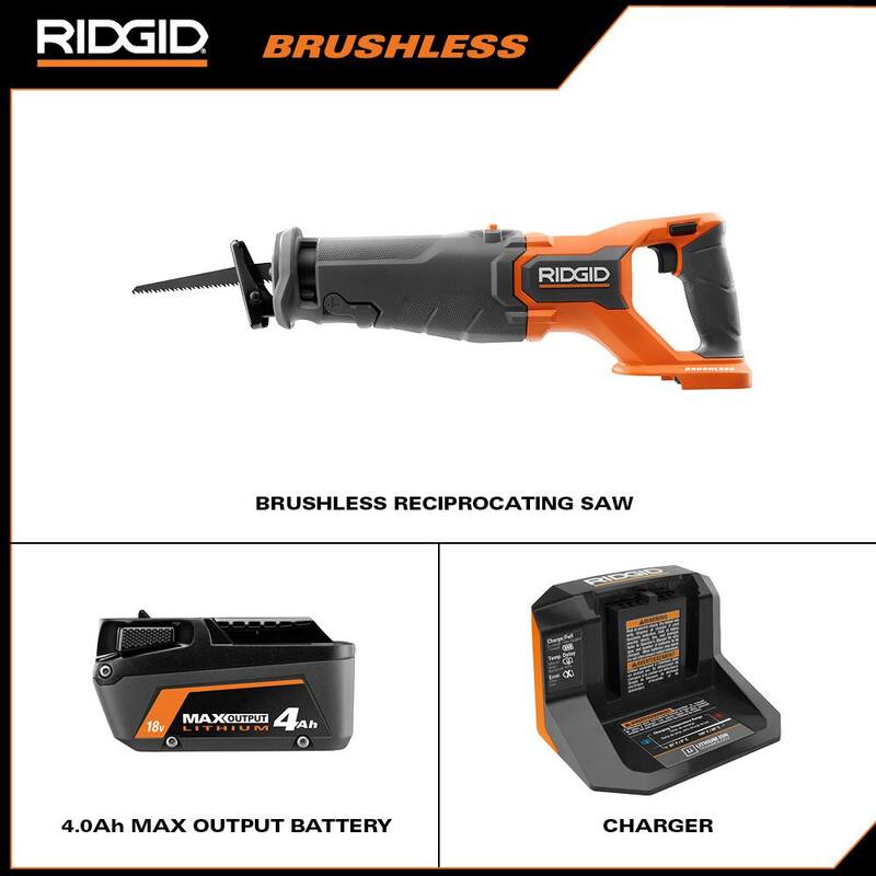 Sierra reciproca inalámbrica sin escobillas RIDGID 18V con kit de (1) batería de 4.0 Ah y cargador - R8647KN