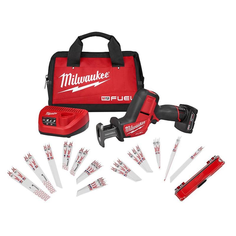 Milwaukee M12 FUEL 12V Kit de HACKZALL inalámbrico con motor sin escobillas de iones de litio con juego de hojas bimetálicas para corte de madera/metal (26 piezas) - 2520-21XC-49-22-1110-49-22-1216