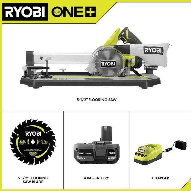 RYOBI ONE+ 18V Sierra de piso inalámbrica de 5-1/2 pulgadas Kit con batería de 4.0 Ah, cargador y hoja adicional de sierra de piso de 5-1/2 pulgadas - PGC21K-A06F551