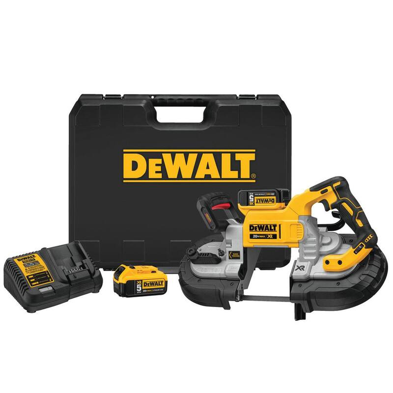Sierra de cinta inalámbrica DEWALT 20V MAX sin escobillas de 5 pulgadas con interruptor doble, con (2) baterías de 20V 5.0Ah y cargador - DCS376P2.