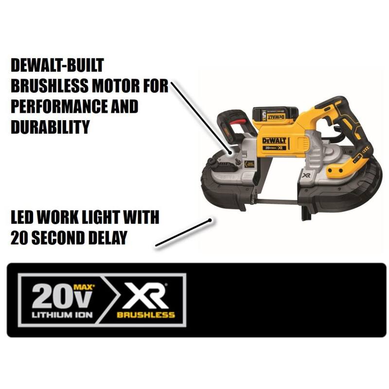 Sierra de cinta inalámbrica DEWALT 20V MAX sin escobillas de 5 pulgadas con interruptor doble, con (2) baterías de 20V 5.0Ah y cargador - DCS376P2.