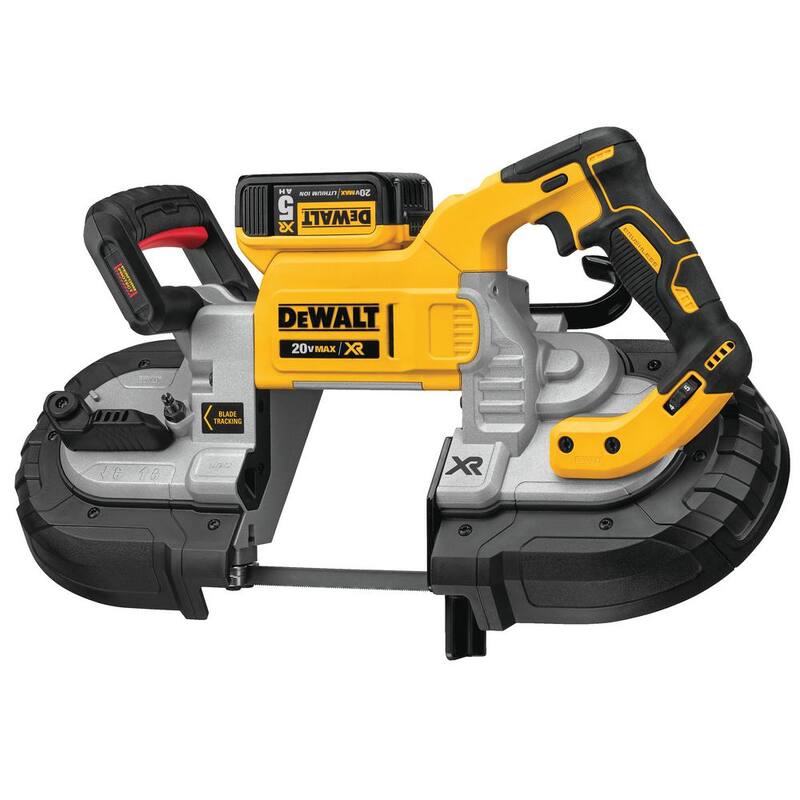Sierra de cinta inalámbrica DEWALT 20V MAX sin escobillas de 5 pulgadas con interruptor doble, con (2) baterías de 20V 5.0Ah y cargador - DCS376P2.