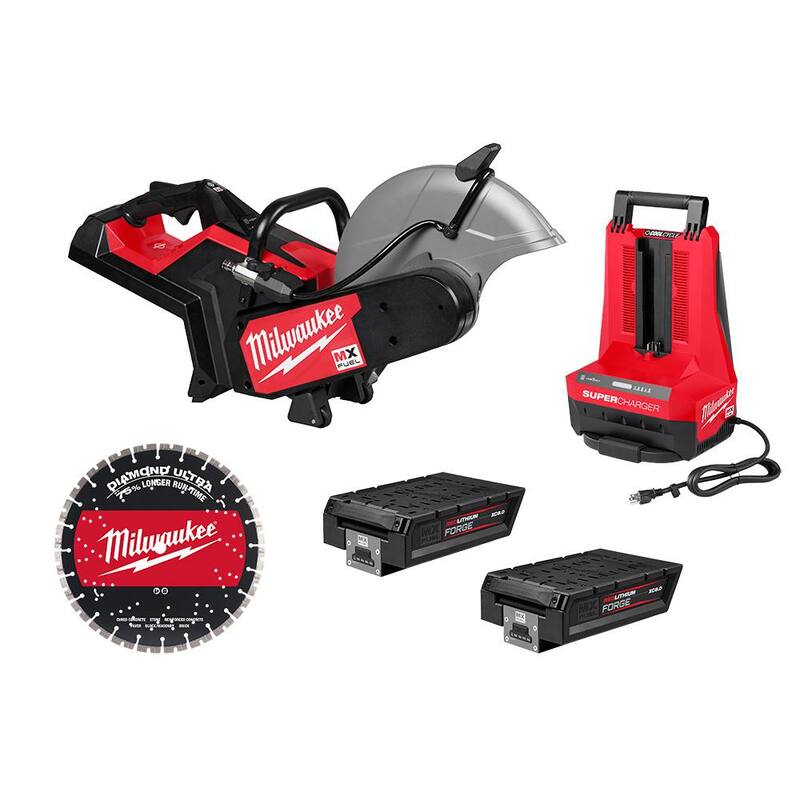 Sierra de corte Milwaukee MX FUEL de 14 pulgadas con freno RAPIDSTOP y kit de sierra circular con (2) baterías FORGE XC8.0 y (1) MX FUEL Super Cargador - MXF315-2XC.