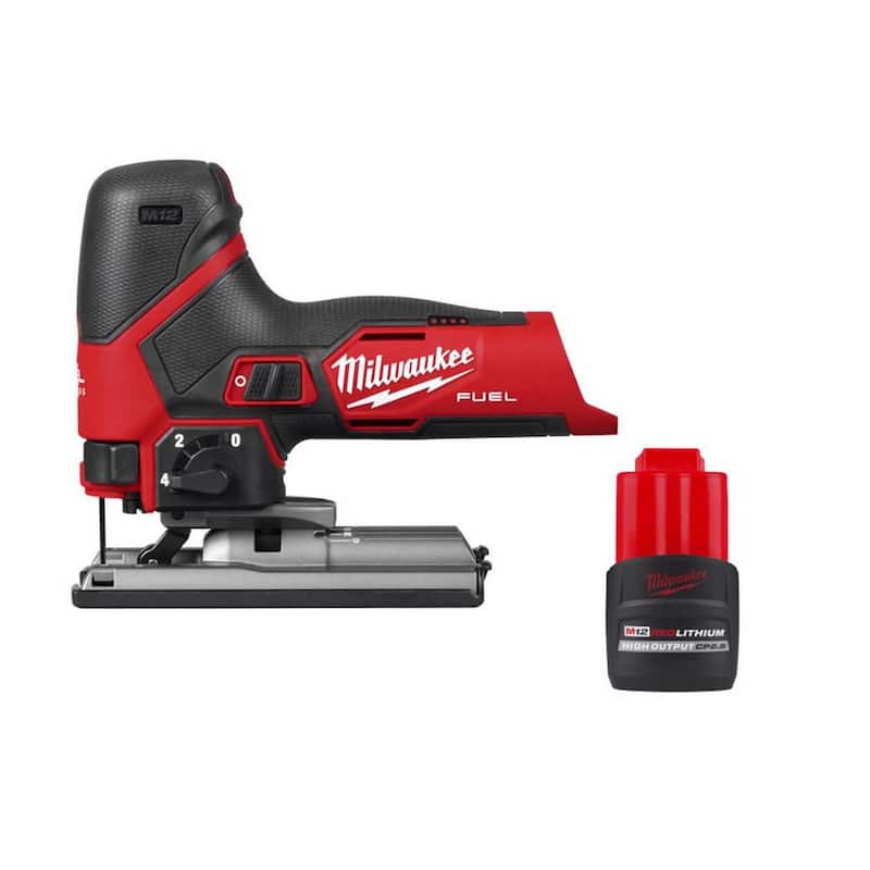 Sierra de vaivén inalámbrica Milwaukee M12 FUEL de 12 voltios con batería M12 REDLITHIUM HIGH OUTPUT CP2.5 - 2545-20-48-11-2425
